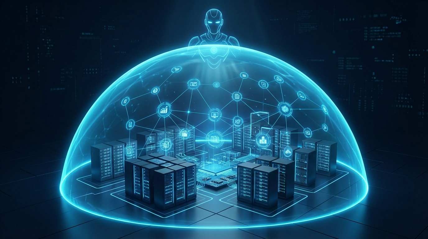 Protective shield surrounding connected AI nodes representing managed secure deployment
