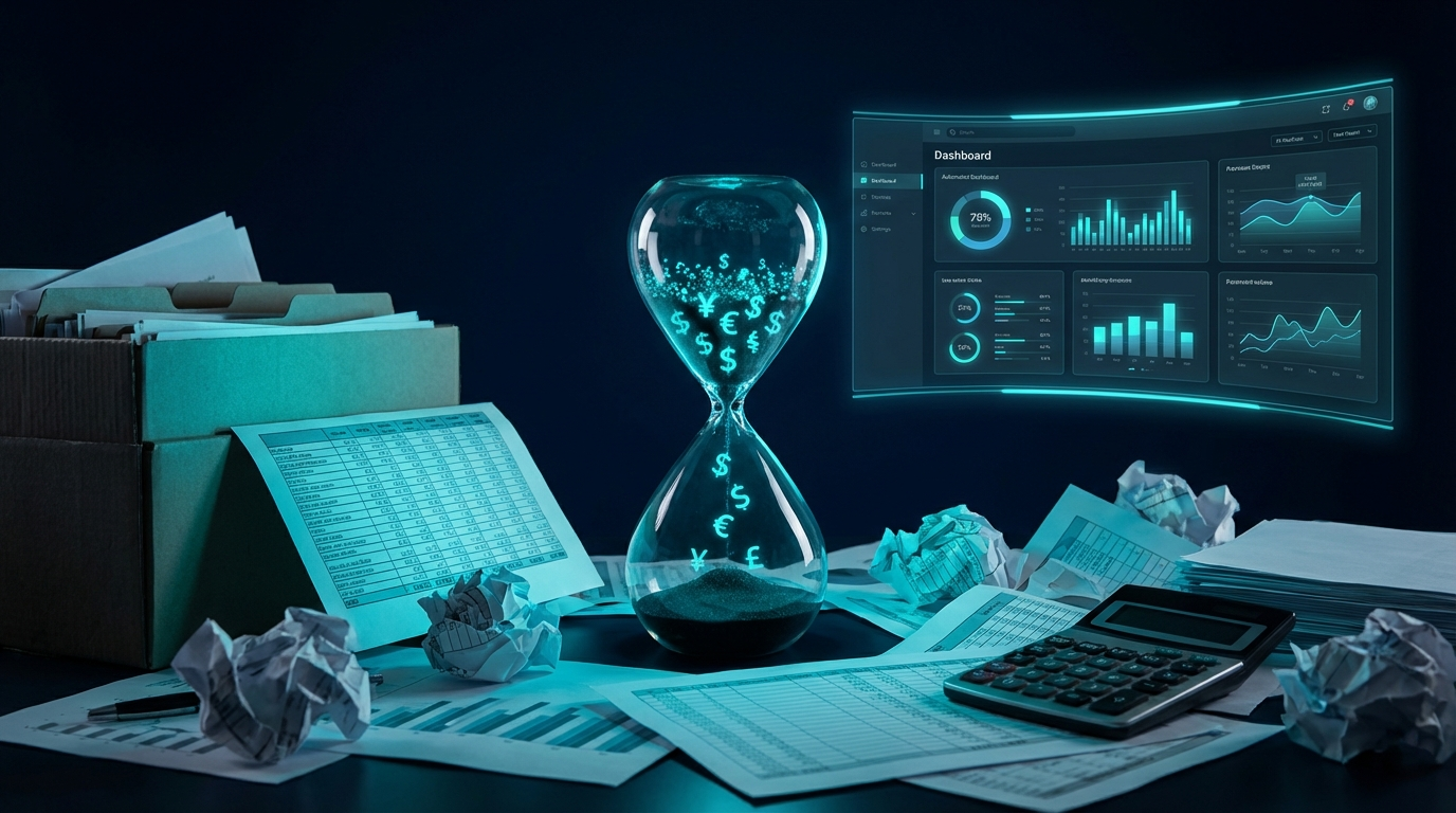 Digital hourglass with data particles representing wasted time from manual processes
