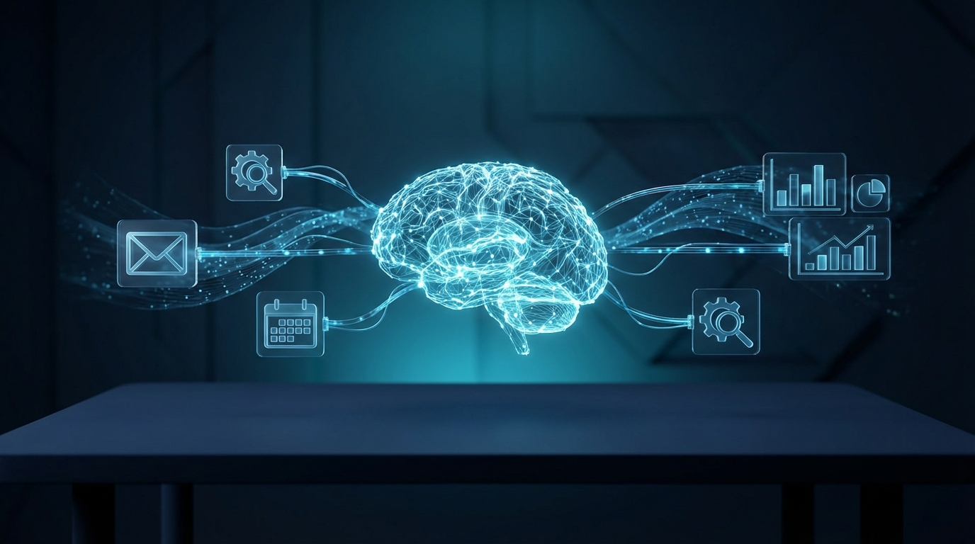 AI agent neural network connected to business tools and systems